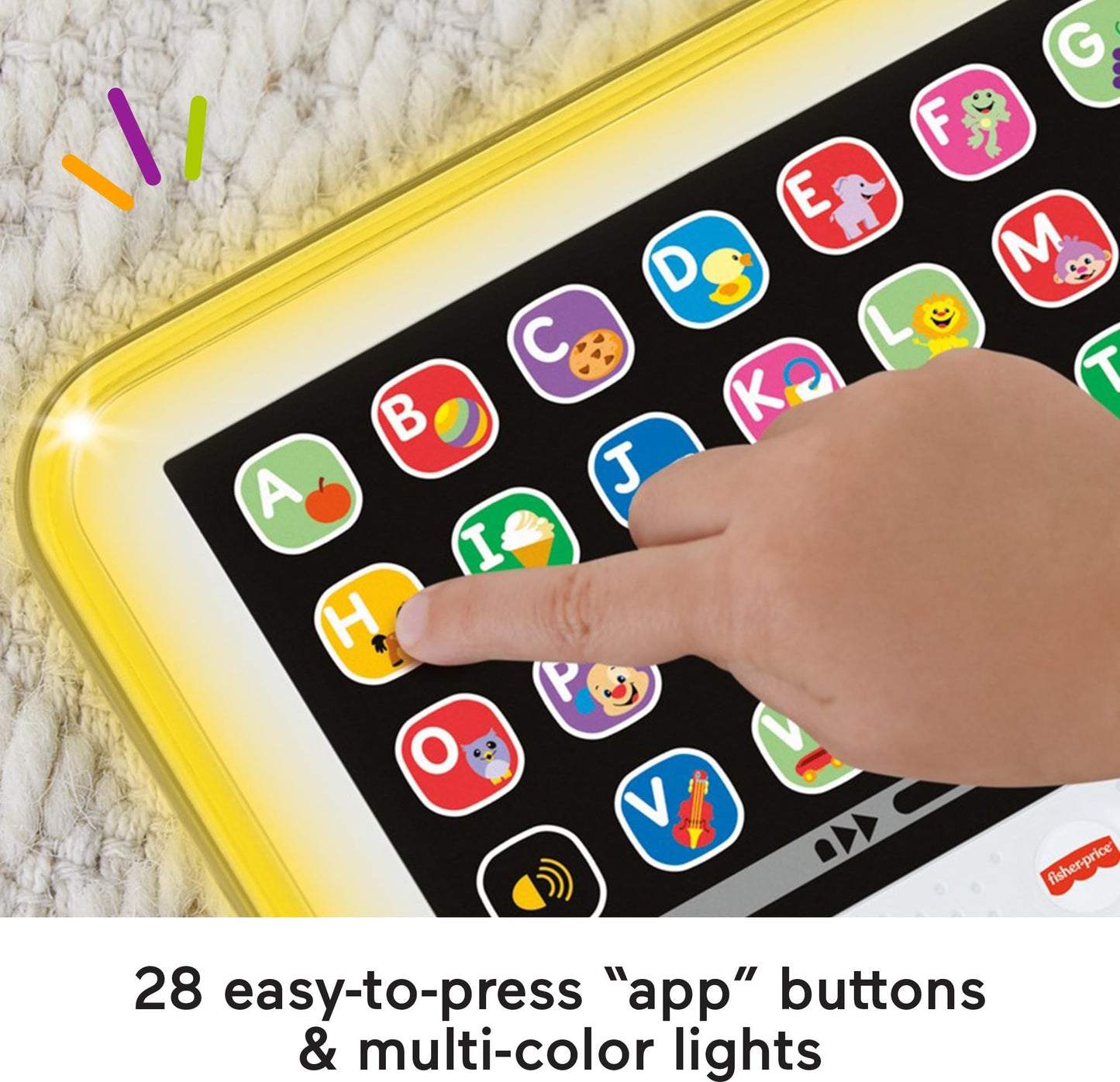 Close-up view of the 28 individual interactive app buttons on the Smart Stages educational device.