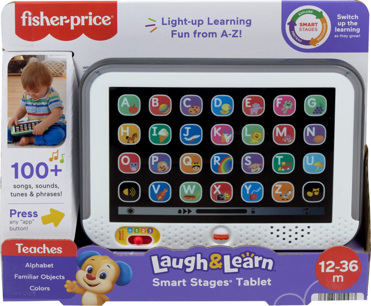 Fisher-Price interactive tablet packaging detailing the developmental age recommendations and three stages feature set.
