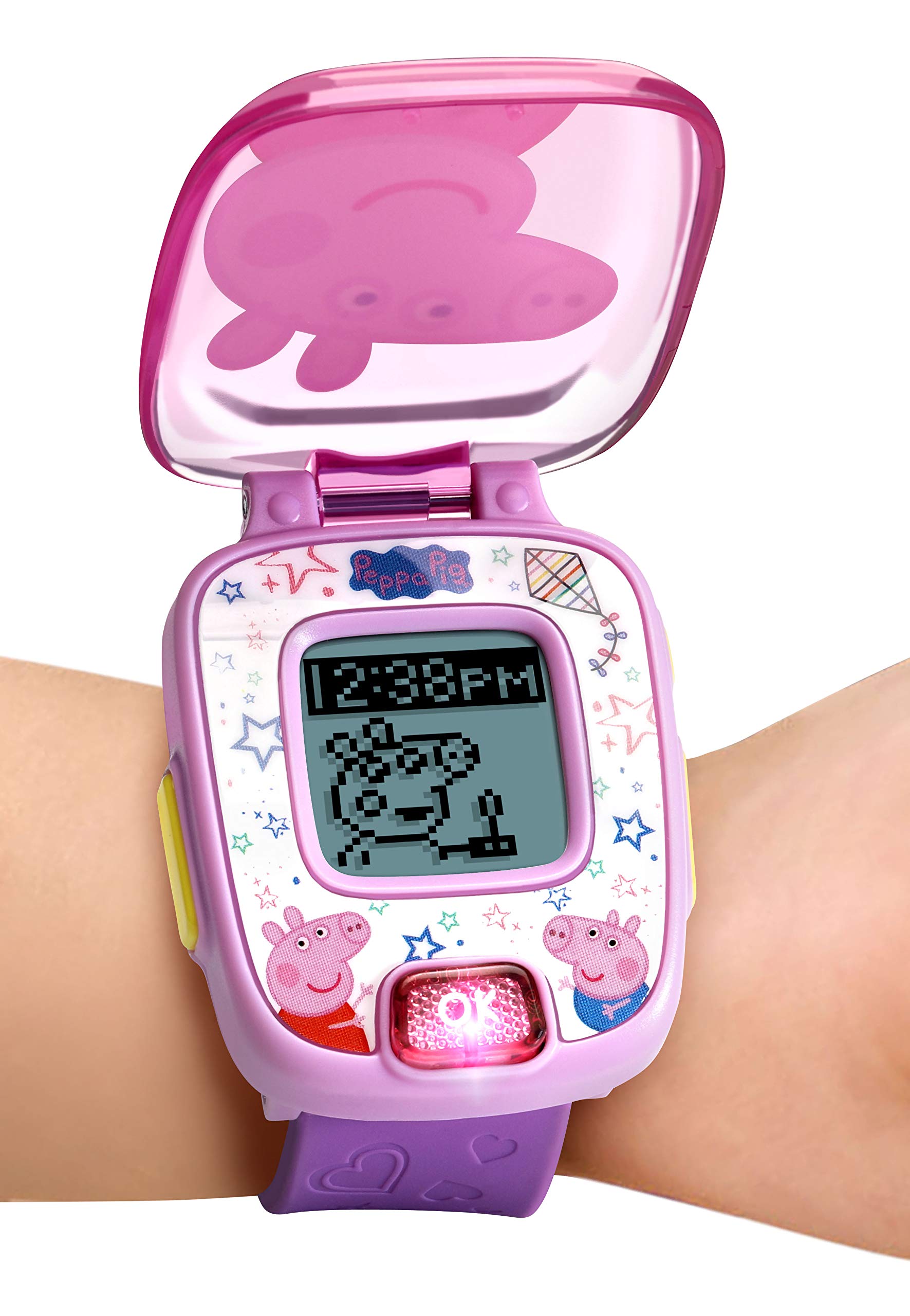 Educational electronic wristwatch with open lid showcasing digital clock face options for children