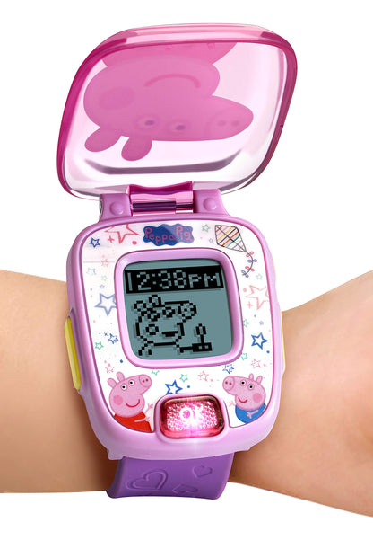 Educational electronic wristwatch with open lid showcasing digital clock face options for children