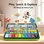 Toddler educational toy tablet showcasing the electronic tactile surface and multi language selection area.