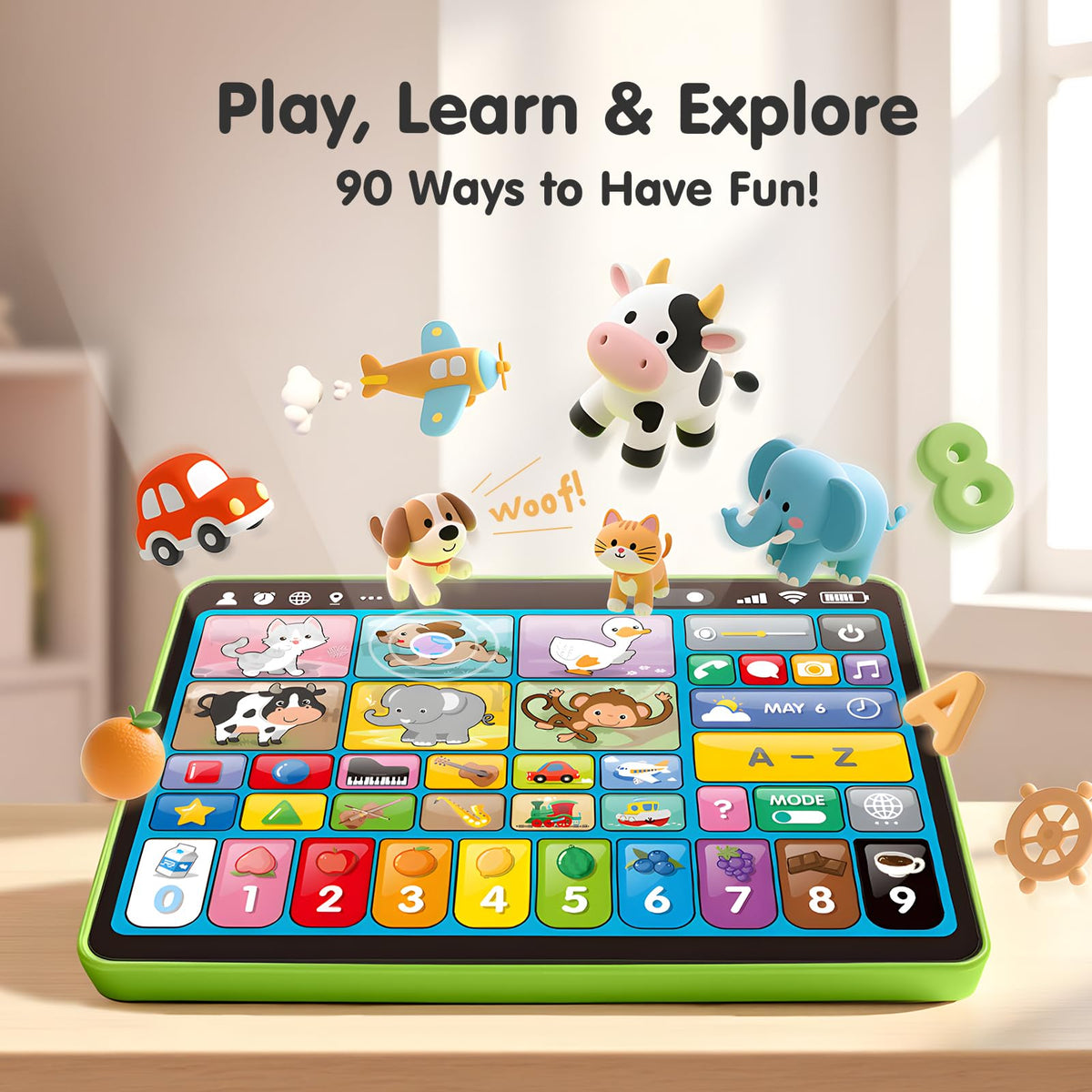 Toddler educational toy tablet showcasing the electronic tactile surface and multi language selection area.