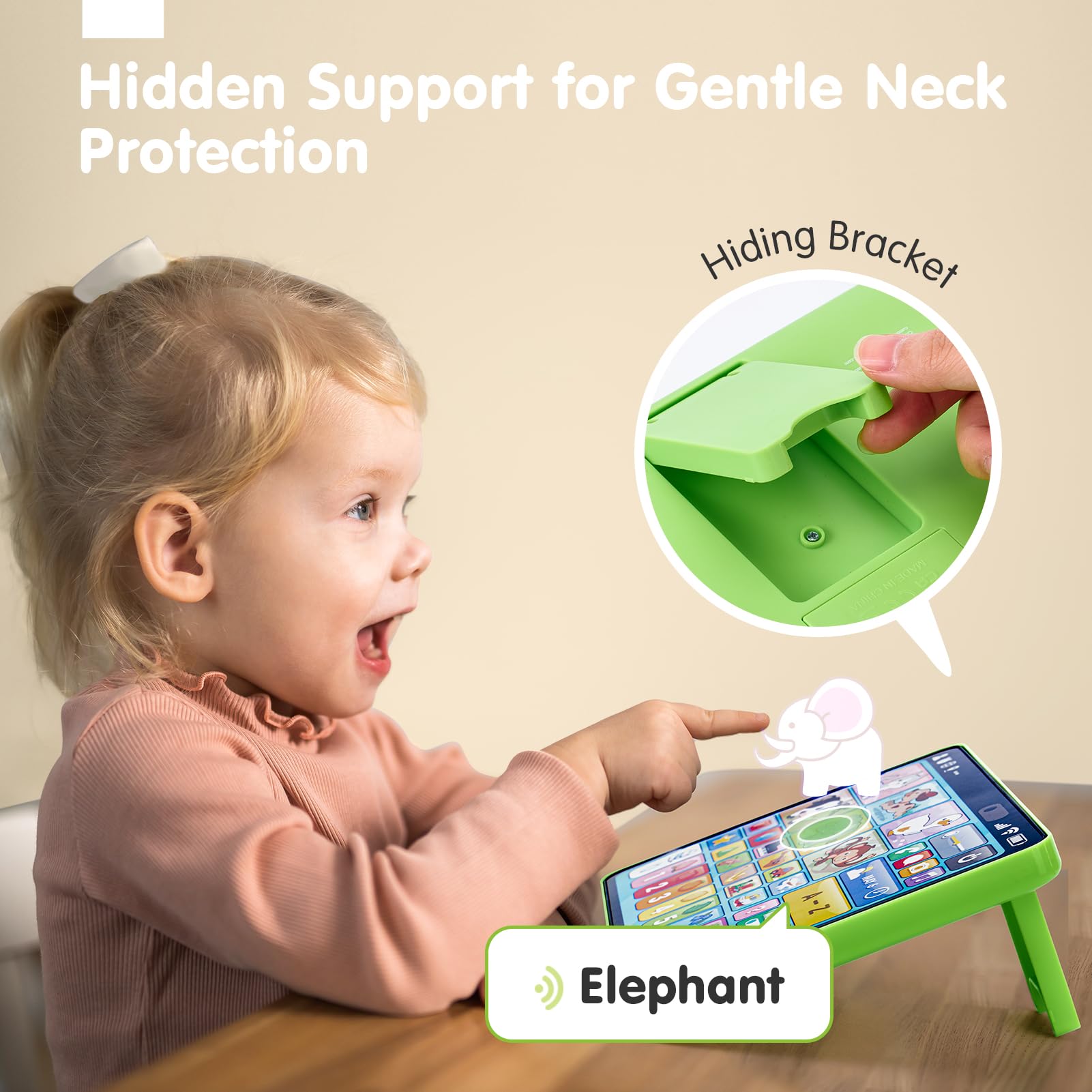 Screen free early development tablet depicting music mode buttons for piano, violin, saxophone, and guitar.