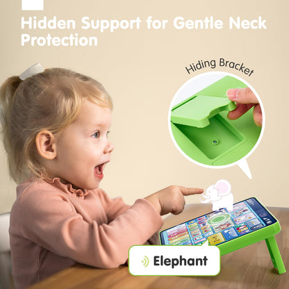 Screen free early development tablet depicting music mode buttons for piano, violin, saxophone, and guitar.