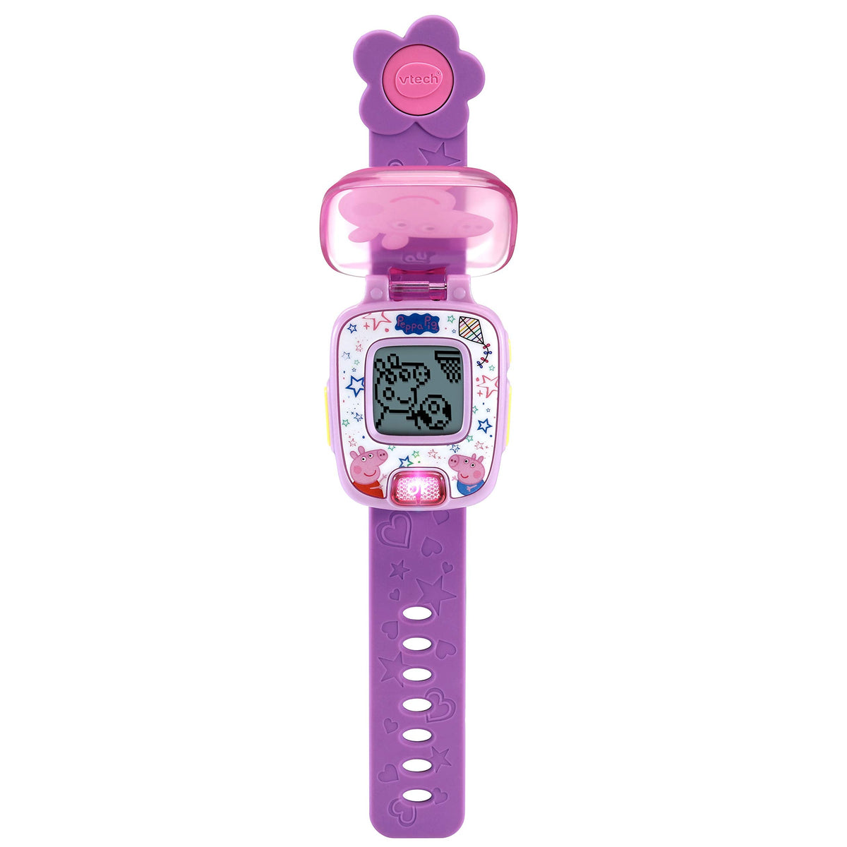 Side view of purple interactive character watch highlighting side selection buttons for toddlers