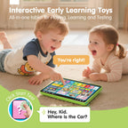 Durable speech therapy toddler tablet displaying the interactive letters and quiz mode buttons clearly.