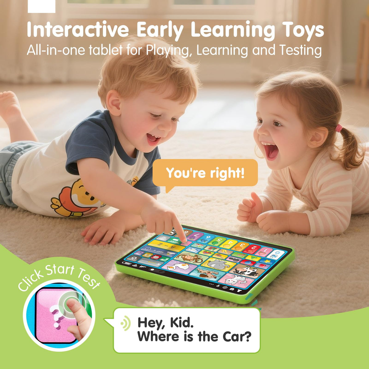 Durable speech therapy toddler tablet displaying the interactive letters and quiz mode buttons clearly.
