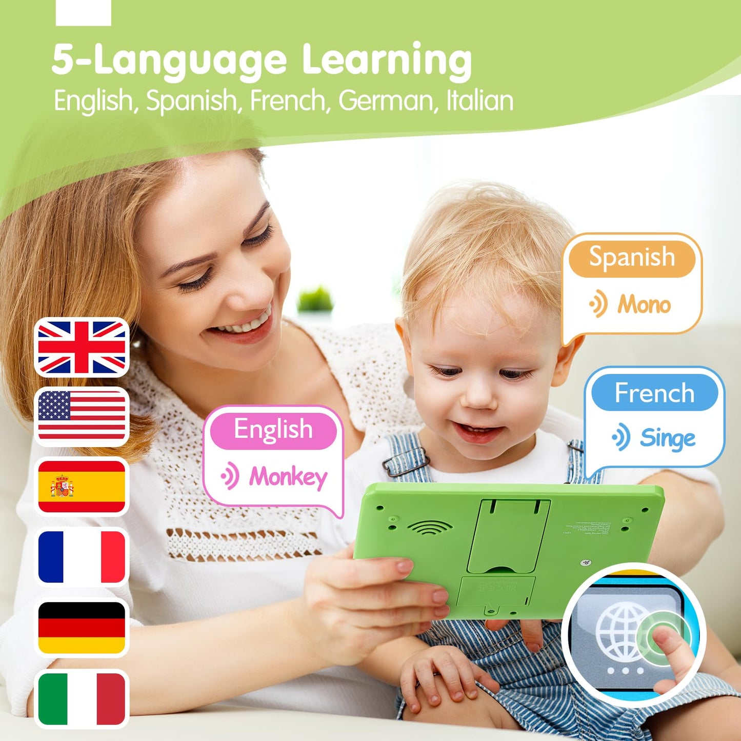 Close up view of the non toxic premium educational device showing rounded safety edges for infants.
