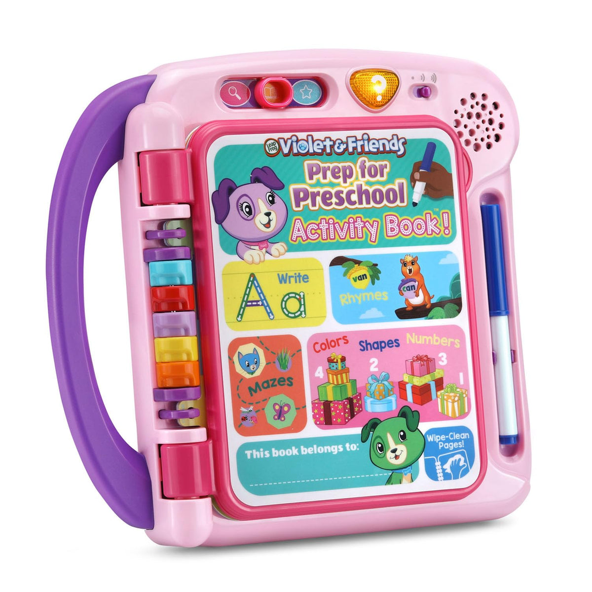 LeapFrog interactive preschool pink book open showcasing alphabet and counting touch-sensitive areas