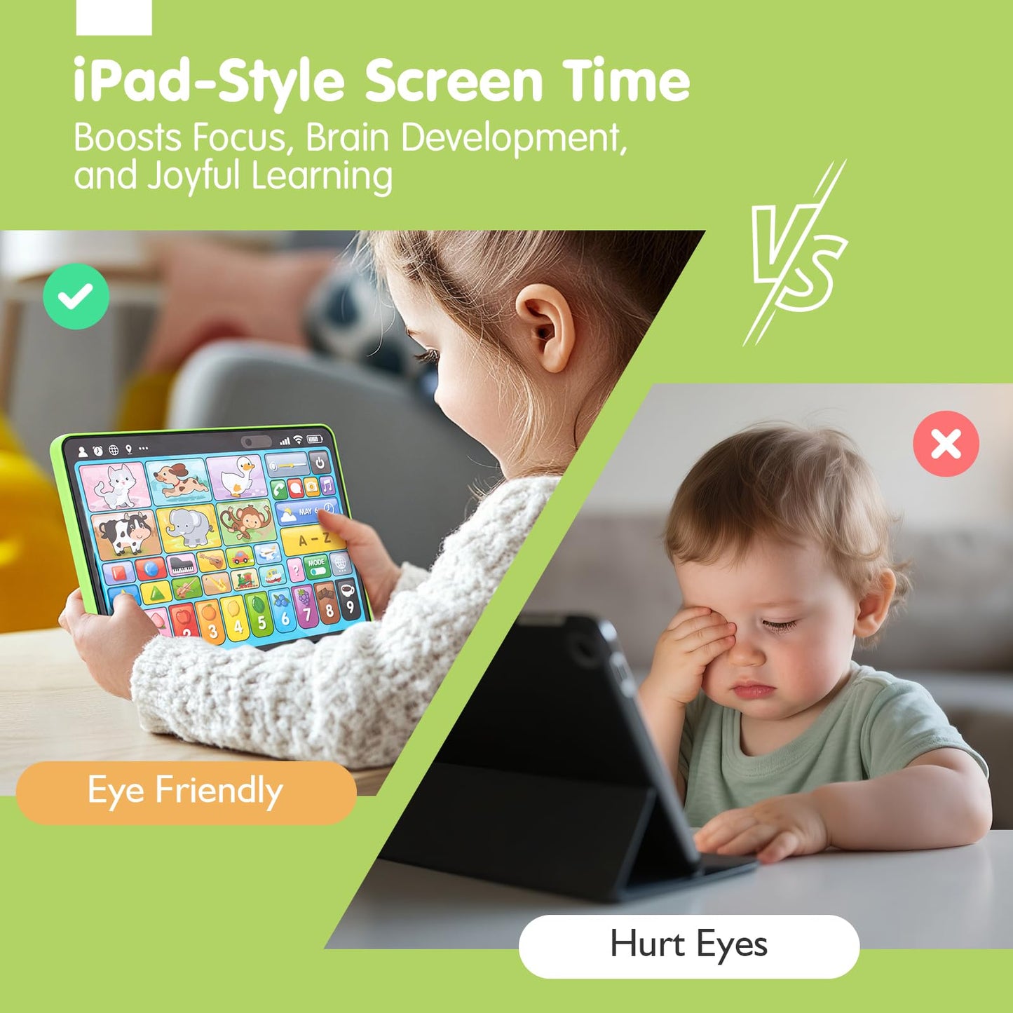 Hahaland toddler interactive toy interface with colorful icons representing camera settings and volume sliders.