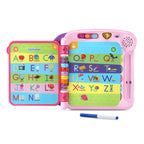 Close up of LeapFrog wipe-clean page with erasable pen practicing letter tracing and shape drawing