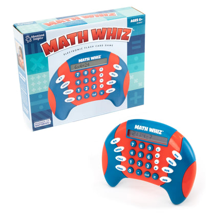 Educational Insights Math Whiz portable STEM learning tool being held by a child for travel learning.