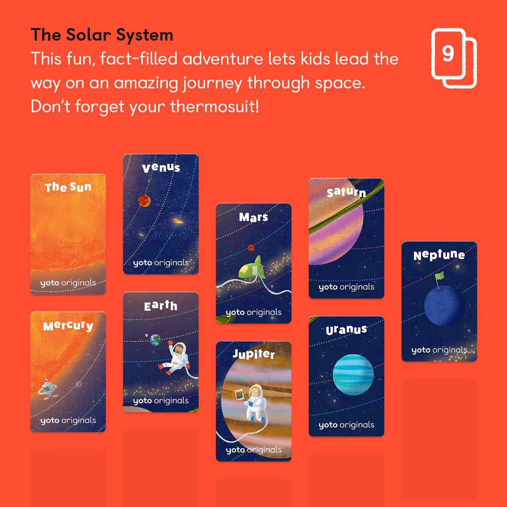 Yoto space adventure educational audio cards for kids laid out on a table