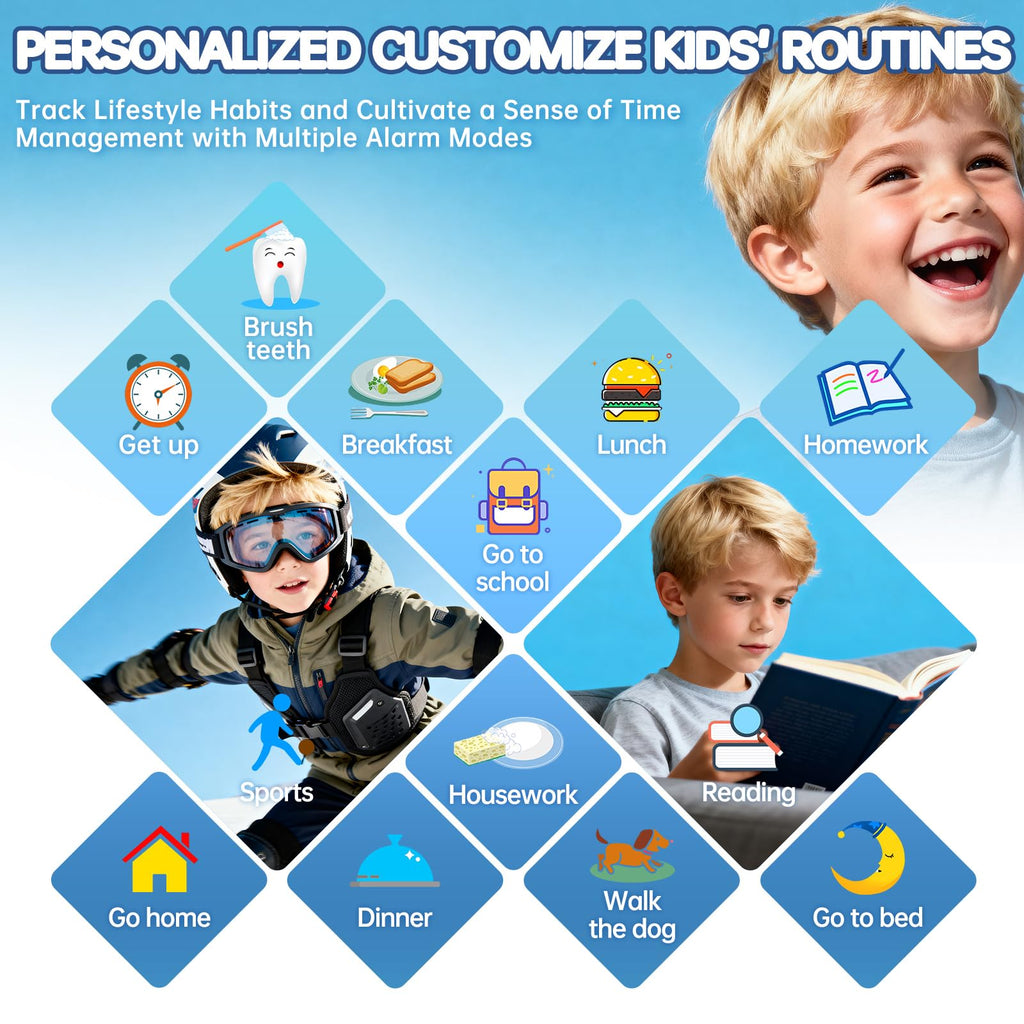Vilicert blue fitness watch for age three to fourteen illustrating the soft silicone wristband