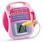 Pink LeapFrog touchscreen tracing pad showing uppercase letter handwriting practice mode with attached stylus