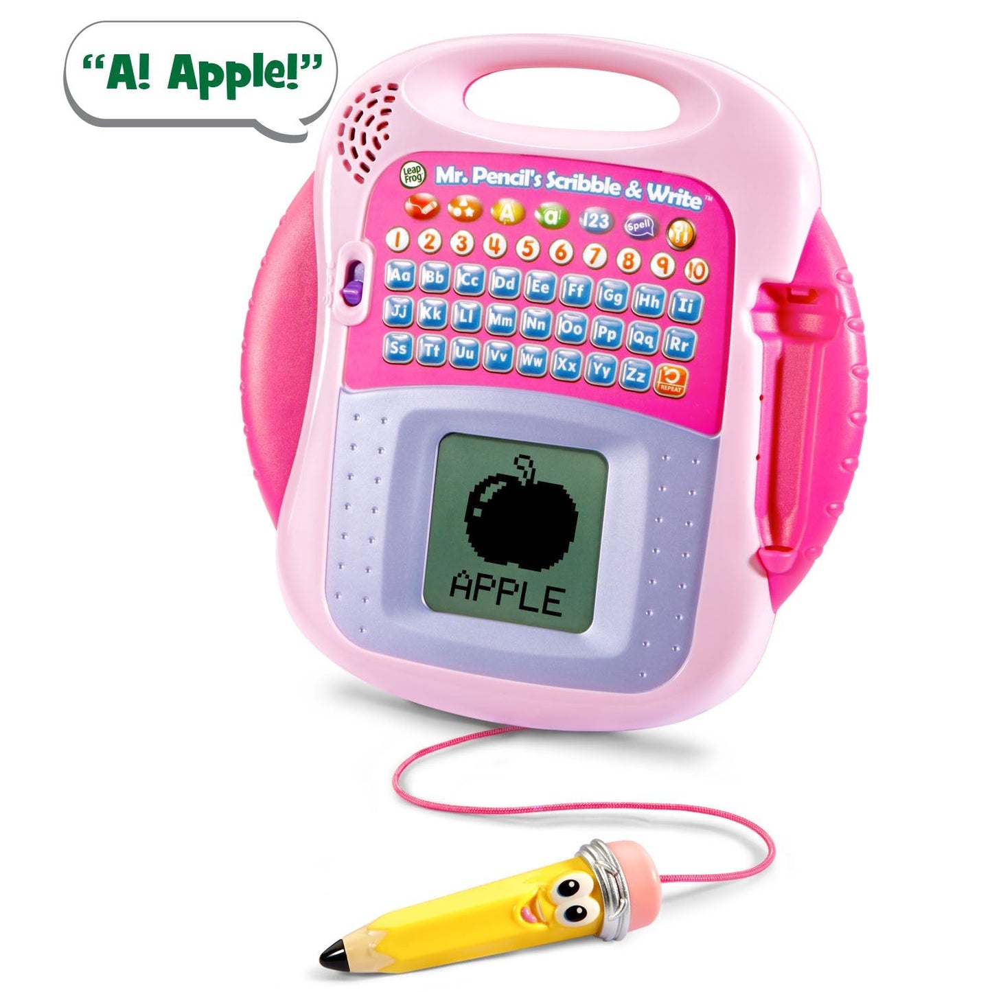 Close-up of the responsive touch display on the LeapFrog early development toy with a child holding the pencil