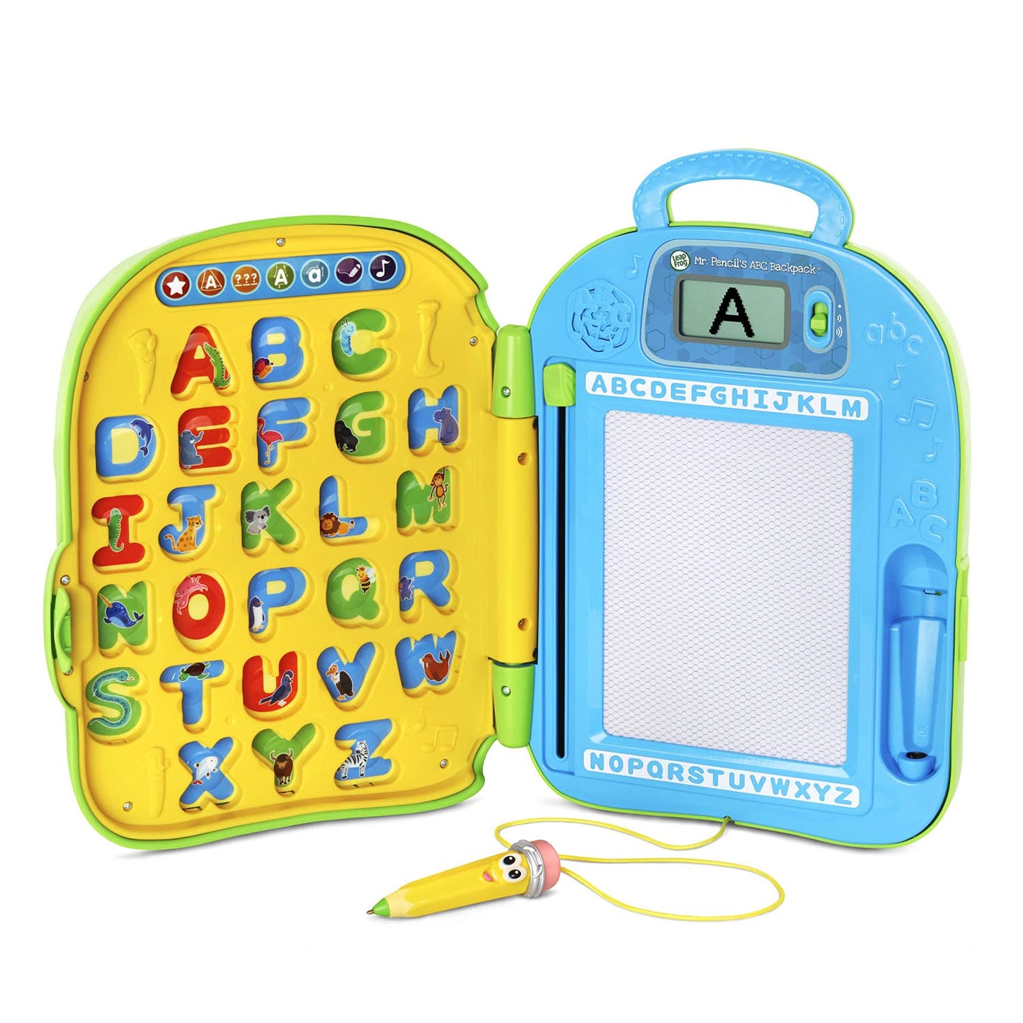 LeapFrog educational backpack LCD screen displaying step-by-step letter tracing guide