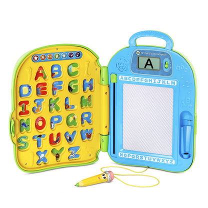 LeapFrog educational backpack LCD screen displaying step-by-step letter tracing guide