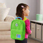 Back view of the green LeapFrog learning backpack showing adjustable shoulder straps