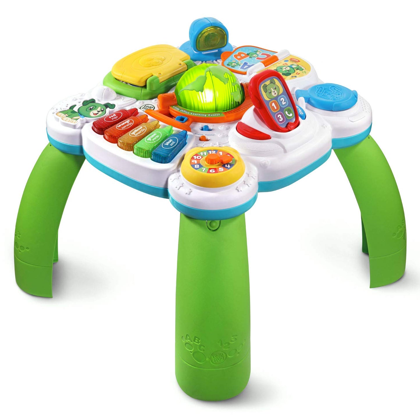 LeapFrog interactive toddler desk featuring toy laptop globe and crayon piano keys