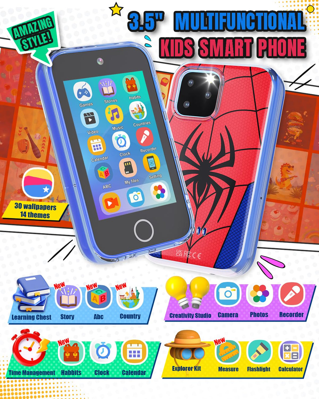 Byserten educational toy phone displaying the front and rear dual camera lenses with the blue theme