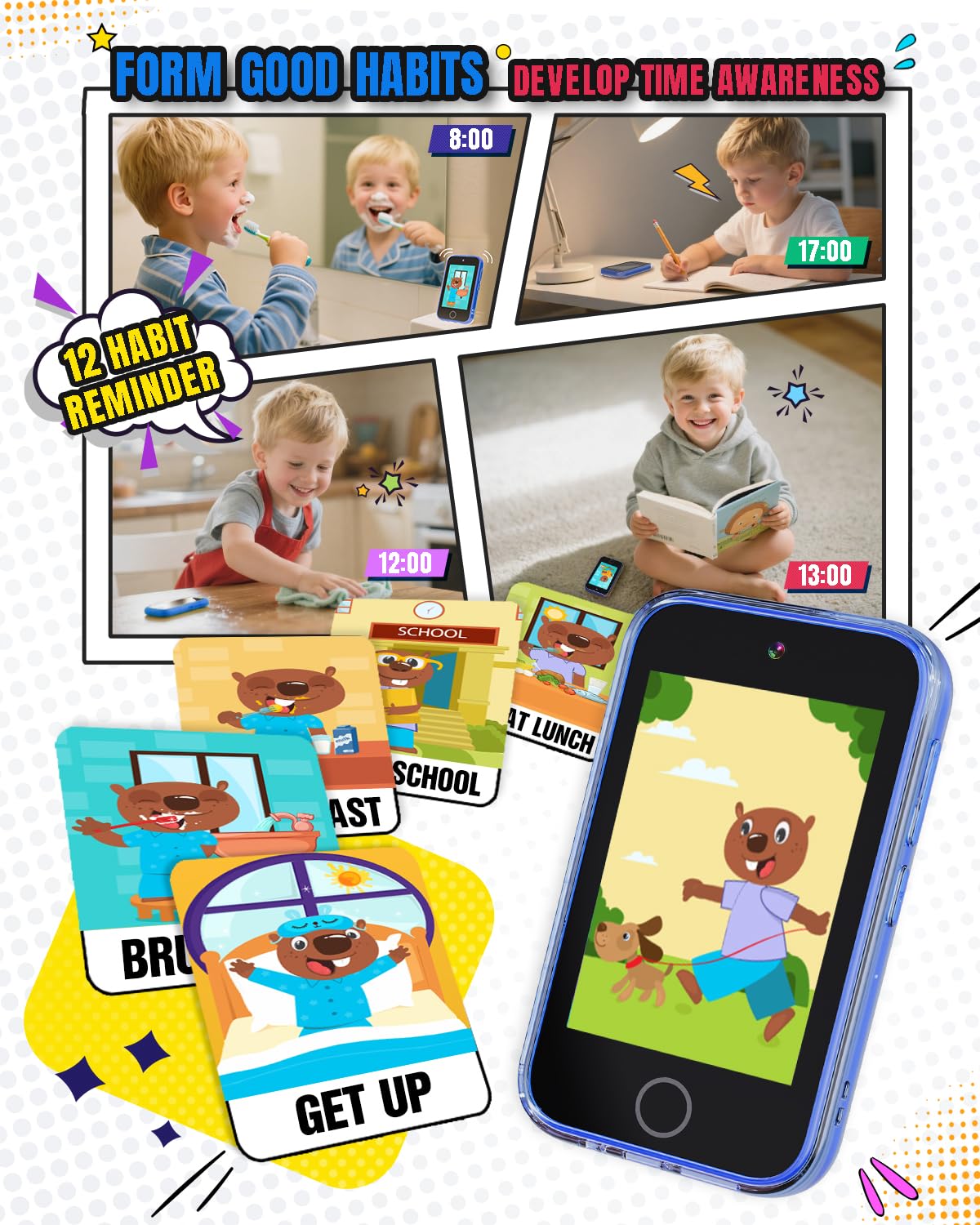 The interactive habit tracker interface displayed on the screen of the child electronic toy