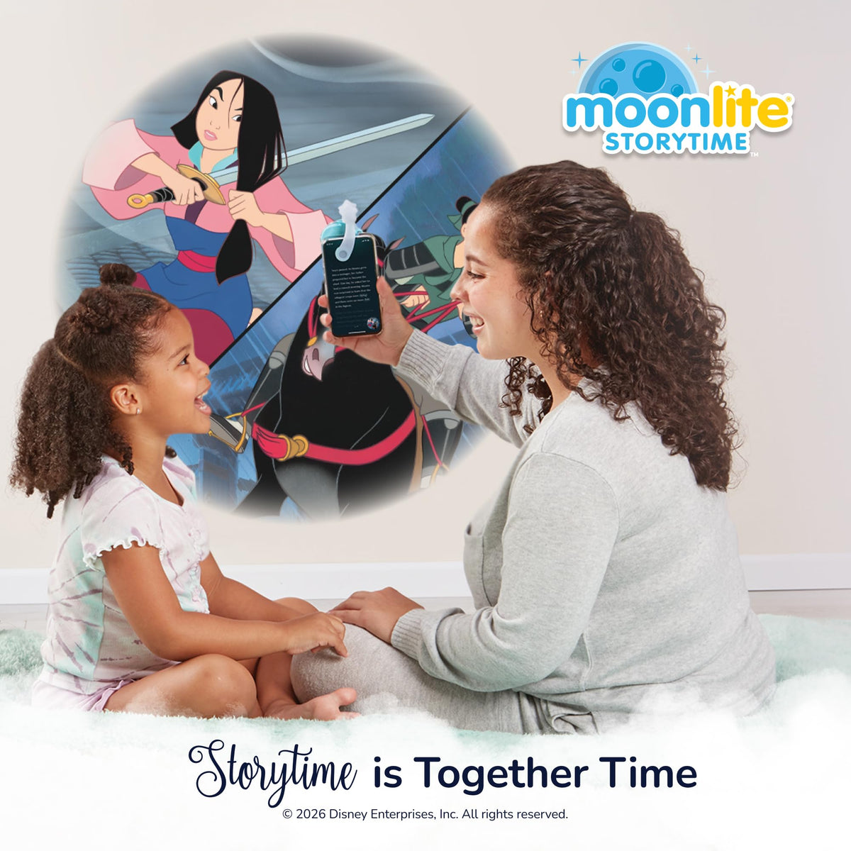 Moonlite storytime mini projector attached to smartphone projecting illustration on wall