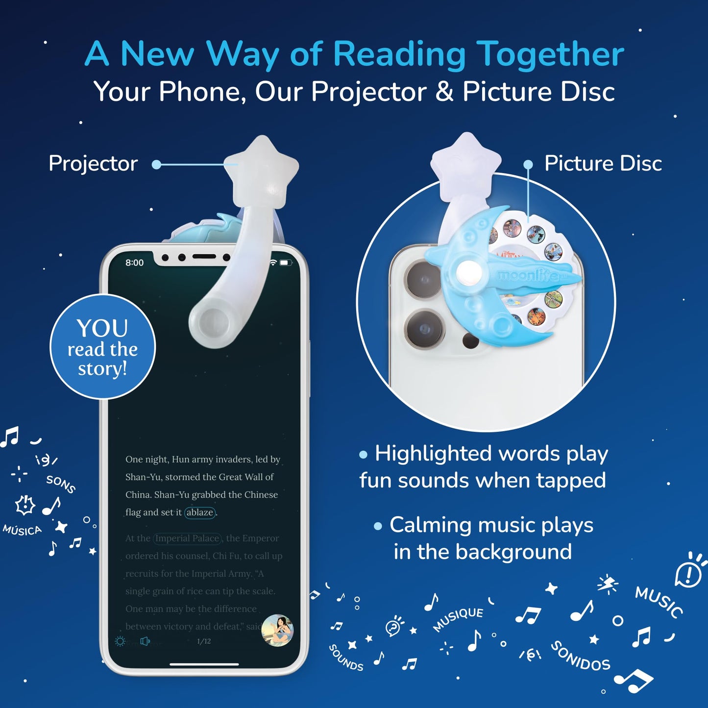 Mother and child using the Moonlite smartphone projector during bedtime reading routine