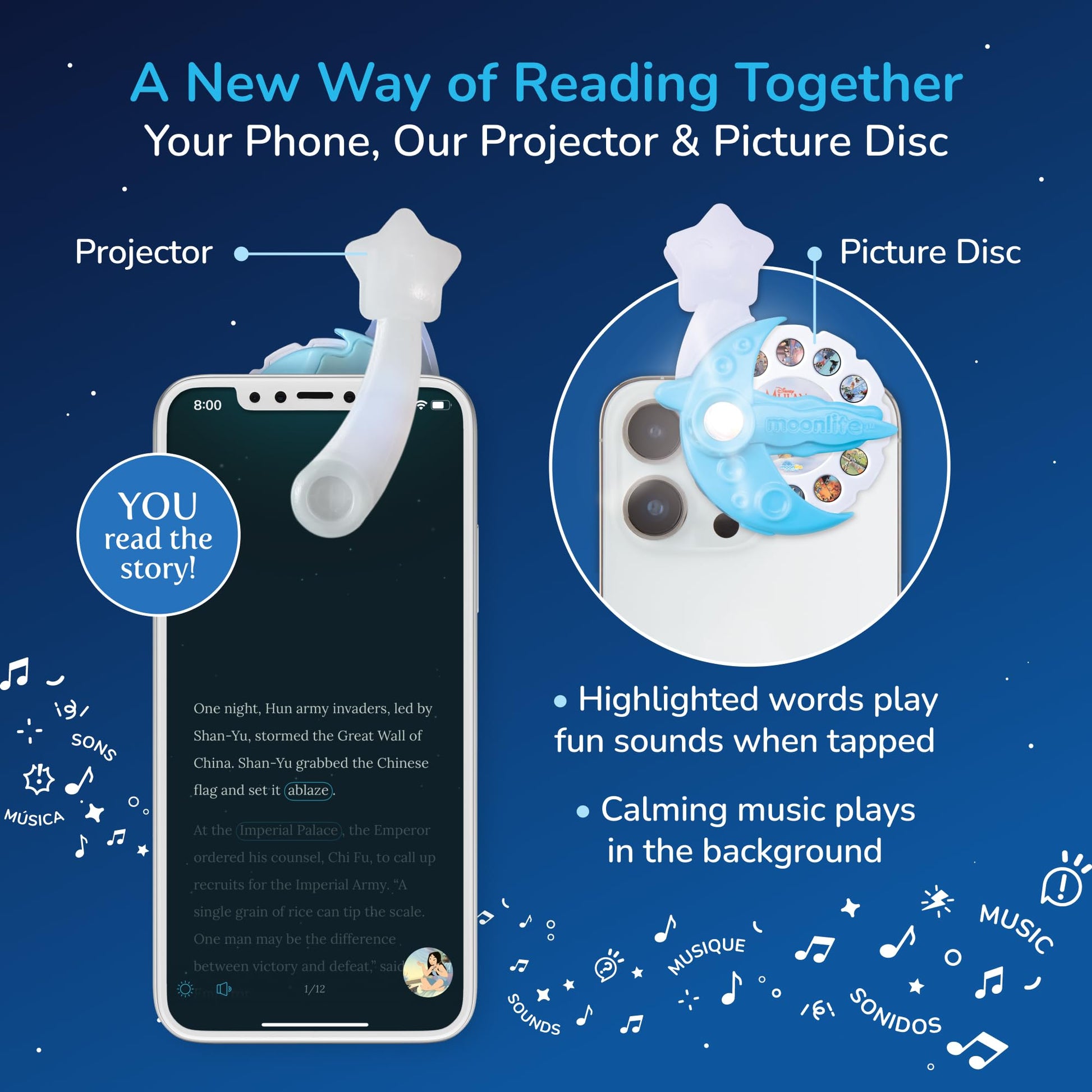 Mother and child using the Moonlite smartphone projector during bedtime reading routine