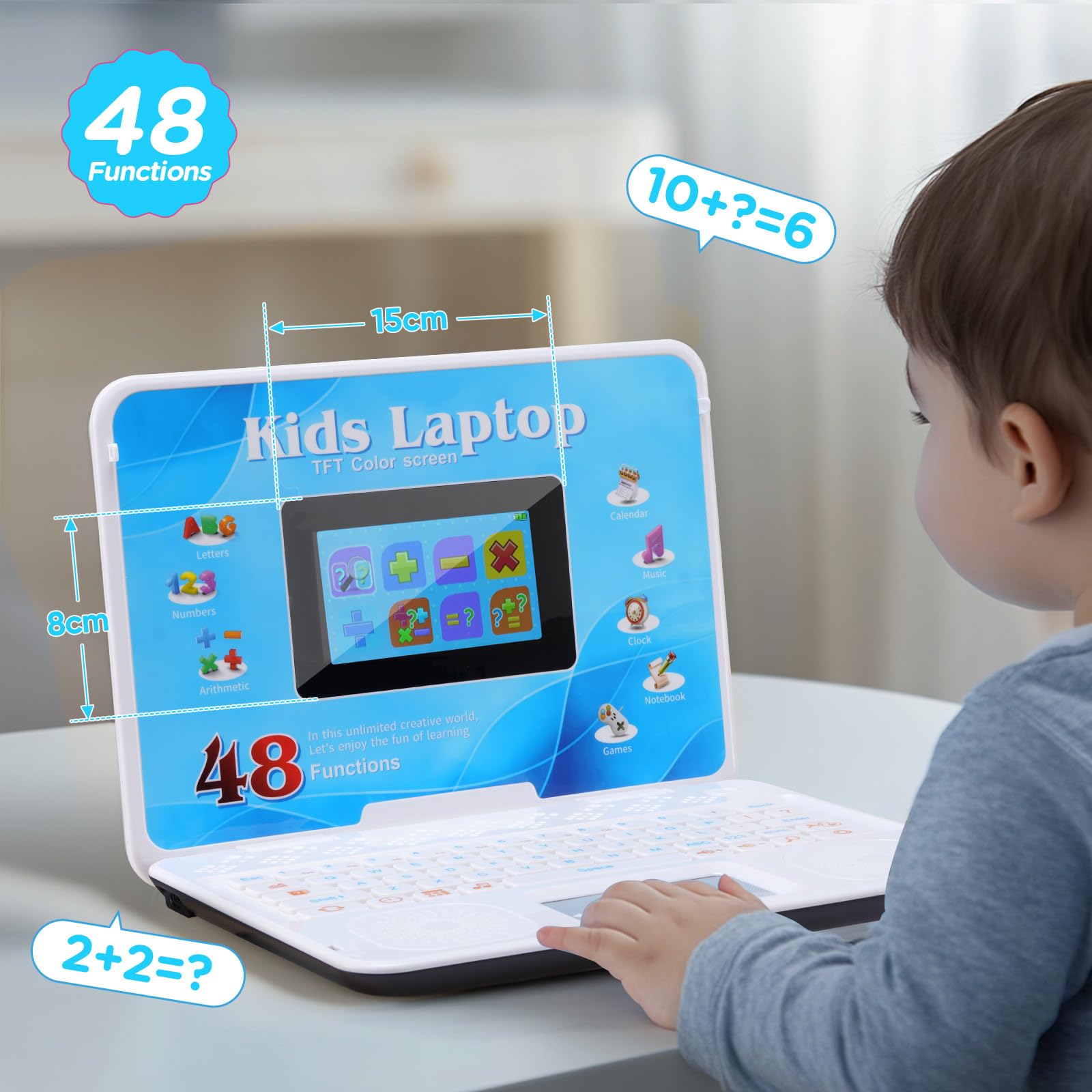 HAIOUMM kids educational computer displaying the interactive alphabet learning mode on the color screen.