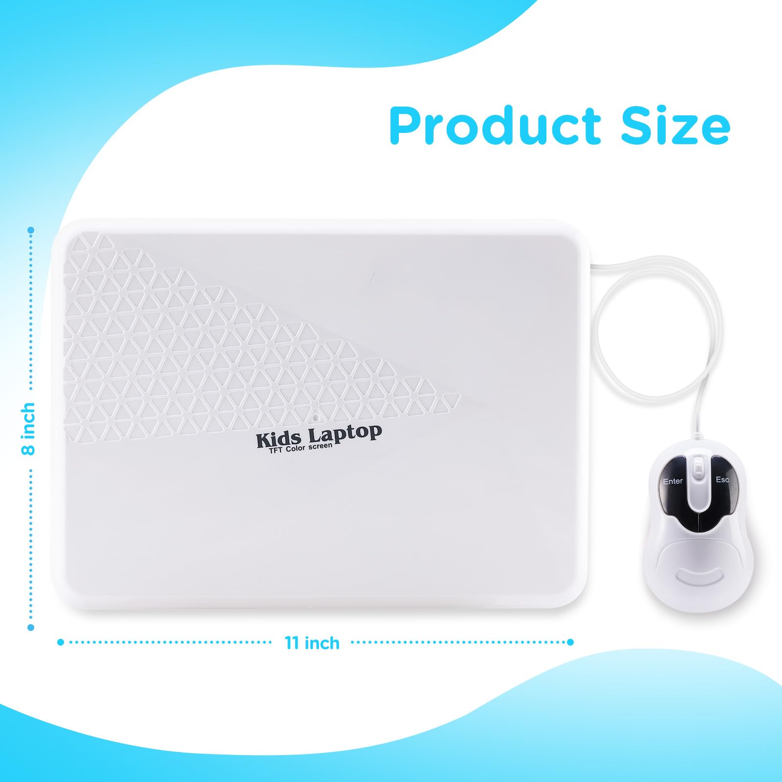 Side profile of the slim and lightweight HAIOUMM toy laptop for children showing its ergonomic layout.