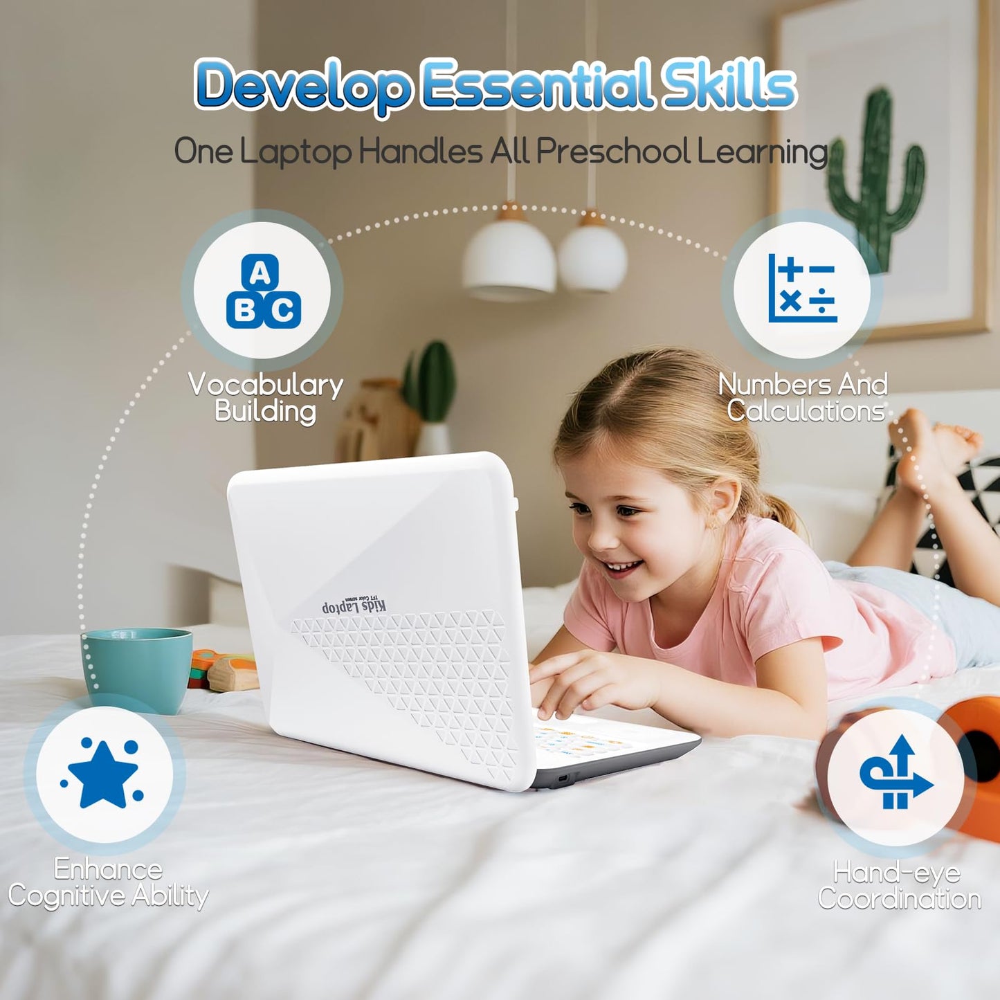 Close-up of the realistic QWERTY keyboard and simulated mouse on the HAIOUMM children laptop.
