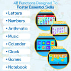 HAIOUMM children toy laptop with its 4.3 inch color screen illuminated featuring logic puzzle games.