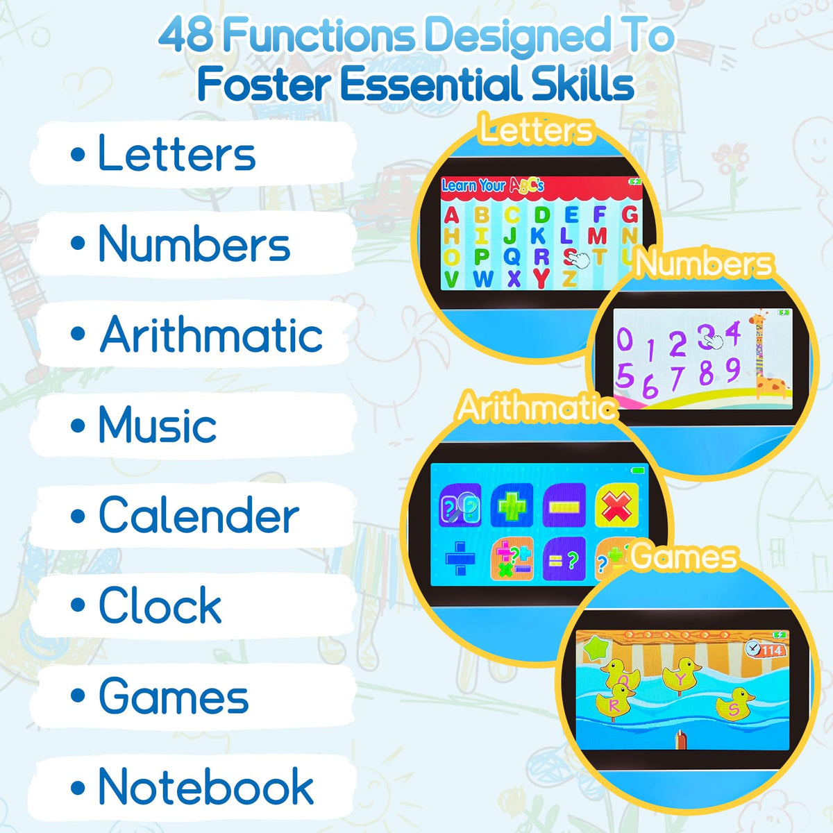 HAIOUMM children toy laptop with its 4.3 inch color screen illuminated featuring logic puzzle games.
