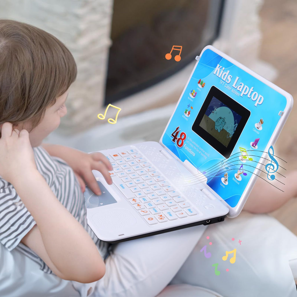 The premium retail packaging of the HAIOUMM kids laptop with specifications listed clearly.
