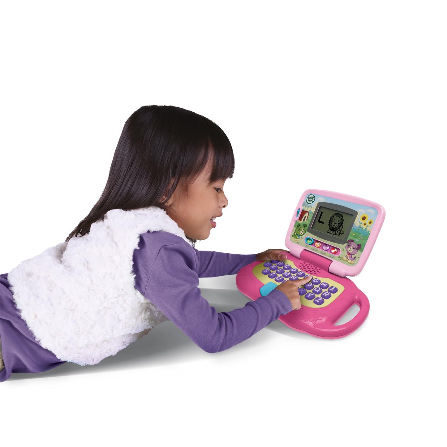 Pink LeapFrog toy computer screen showing animated animal graphics close up