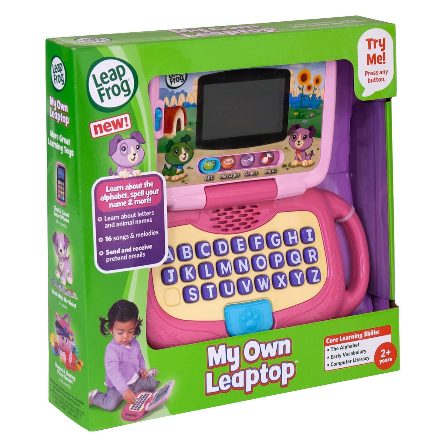 Side profile of durable pink LeapFrog preschool laptop toy showing plastic hinges