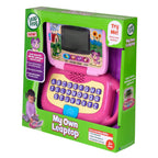 Rear view of LeapFrog pink leaptop highlighting the battery compartment secure lock