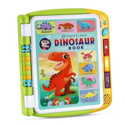 LeapFrog electronic toddler book open to touch-sensitive page explaining the Stegosaurus habitat