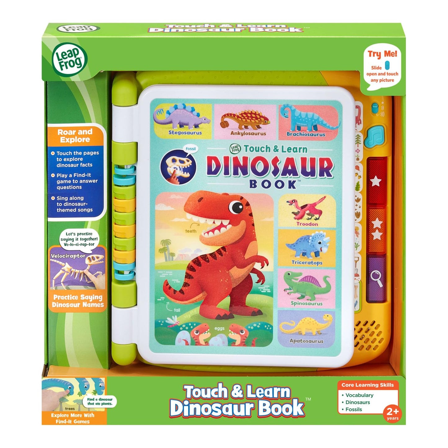 LeapFrog dinosaur book being turned to show the different geological eras covered in the content