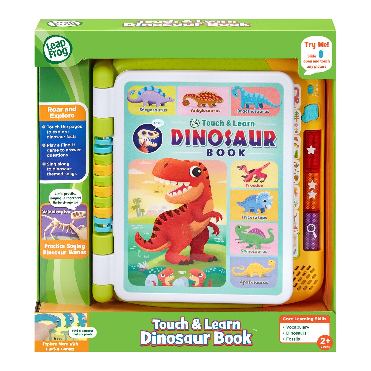 LeapFrog dinosaur book being turned to show the different geological eras covered in the content