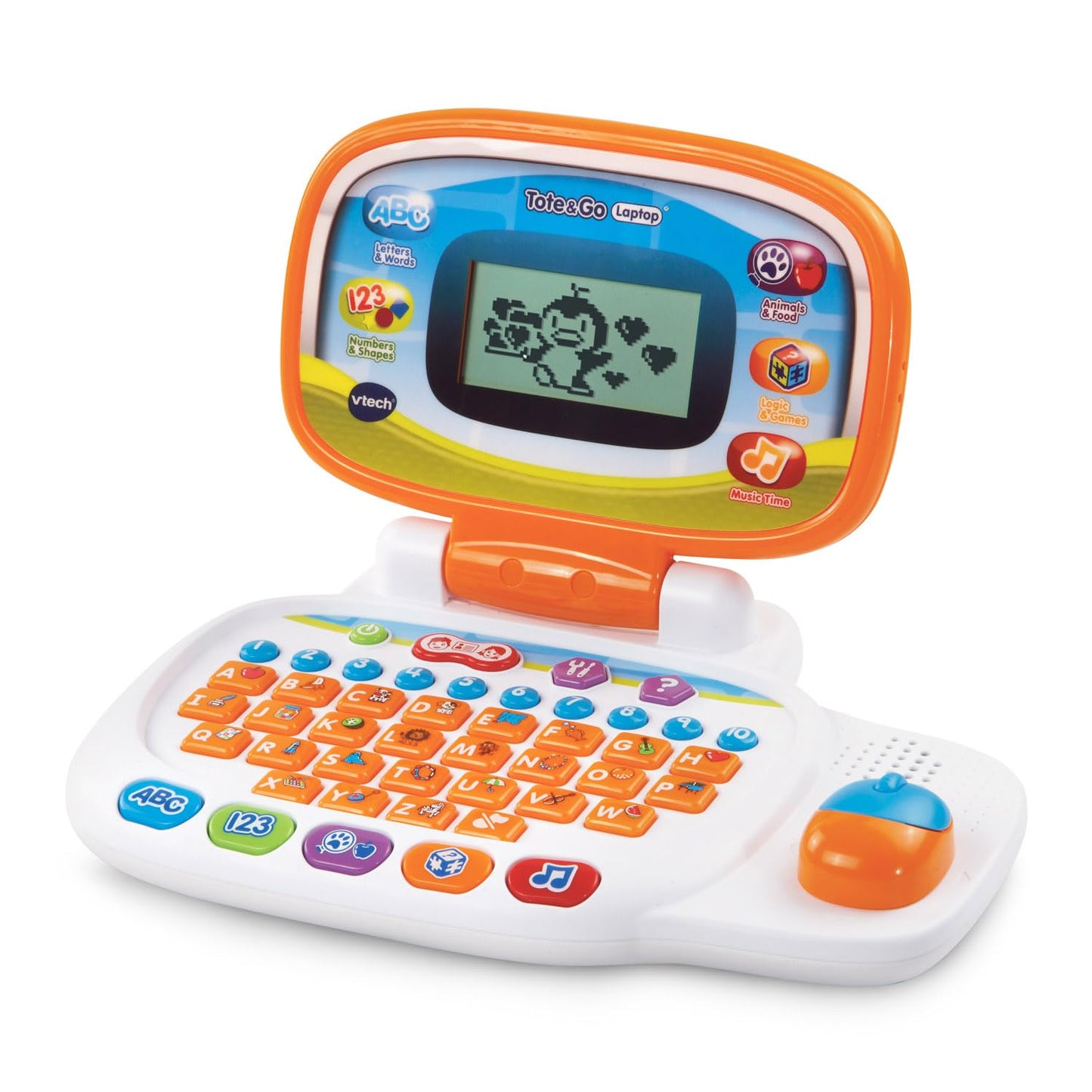 VTech preschool learning computer in orange showing the attached tracker ball mouse.