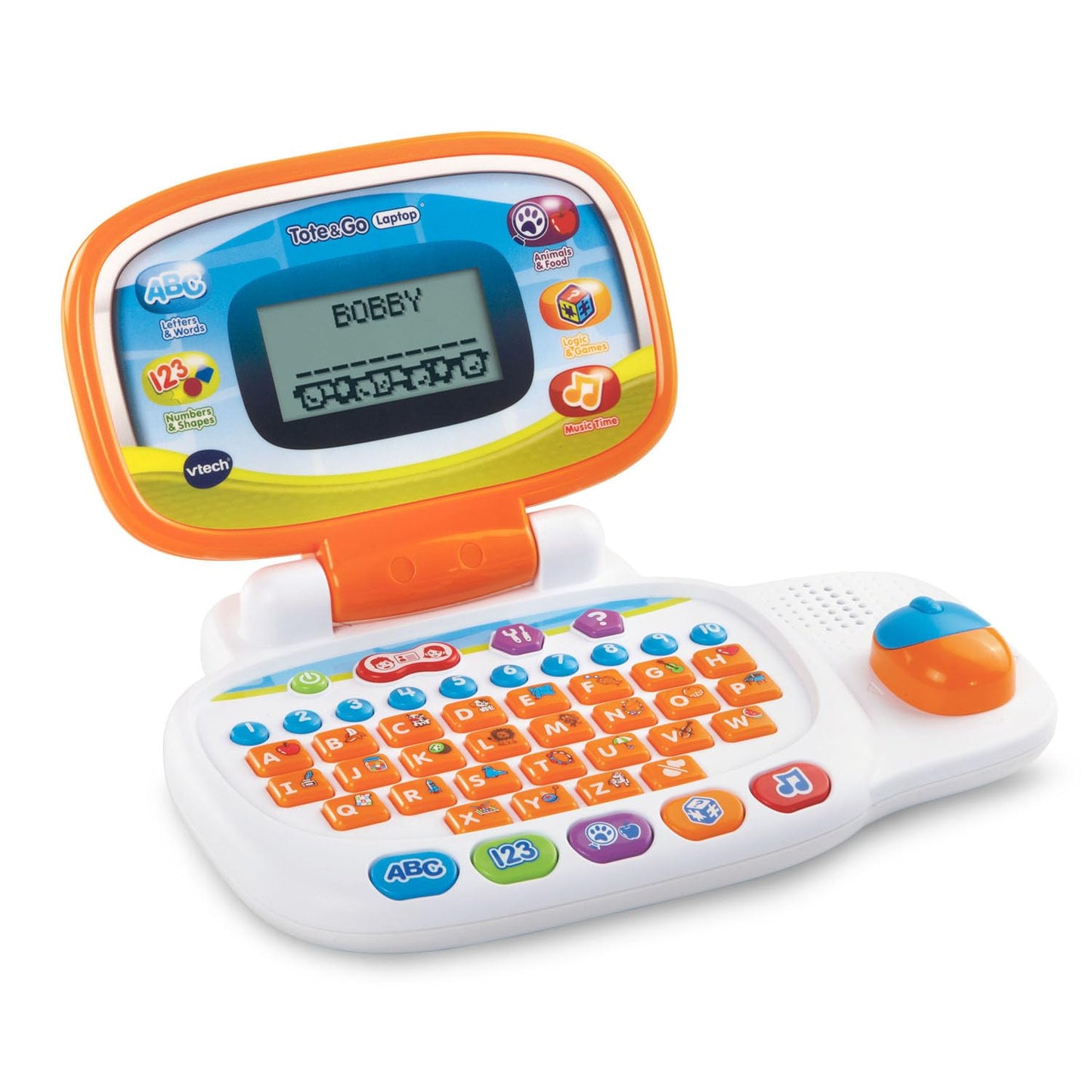VTech electronic educational toy showing the compact clamshell design closed with carrying handle.