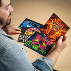 A finished creative design based on the hit series displayed securely on a shelf using the easel stand.