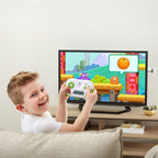 Children playing educational television video game with wireless remote control