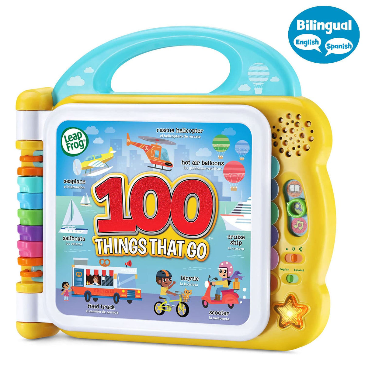 LeapFrog bilingual transportation book open page displaying touch-sensitive graphics of cars and trucks.