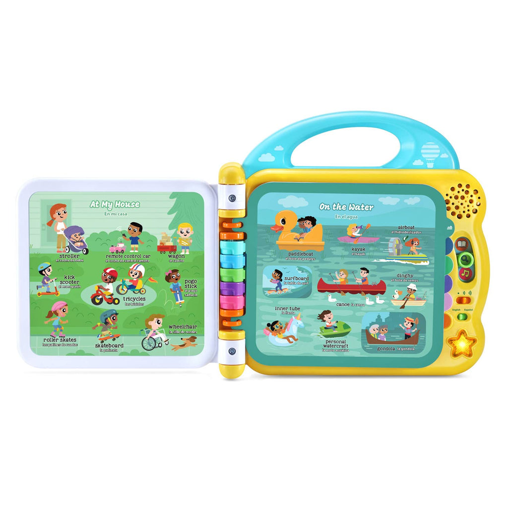 Side angle of LeapFrog 100 things vehicle toy highlighting the green built-in easy-carry handle for toddlers.