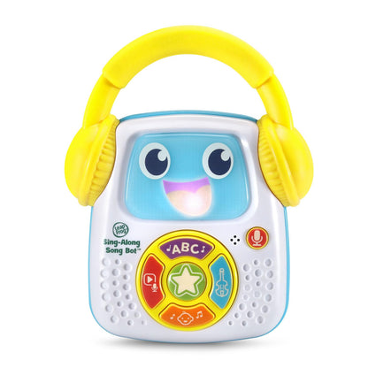 LeapFrog electronic learning robot toy in white with headphone-shaped handle for toddler portability.