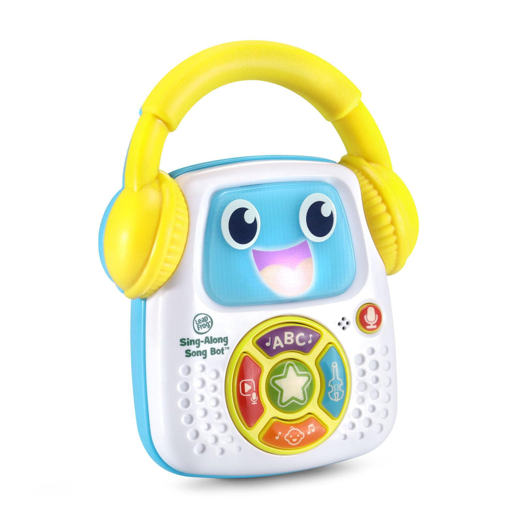 Close-up view of the microphone recording button and musical selection controls on the LeapFrog song bot.