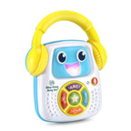 Close-up view of the microphone recording button and musical selection controls on the LeapFrog song bot.